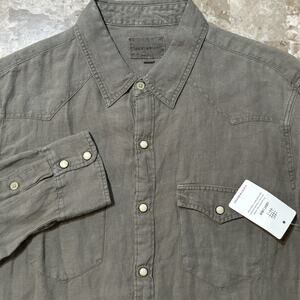 Lucky Brand Pearl Snap Shirt Mens Small Green 100% Linen Long Sleeve Western NEW